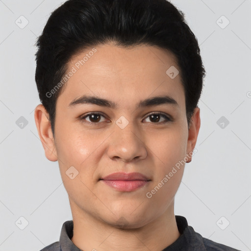 Joyful white young-adult male with short  black hair and brown eyes