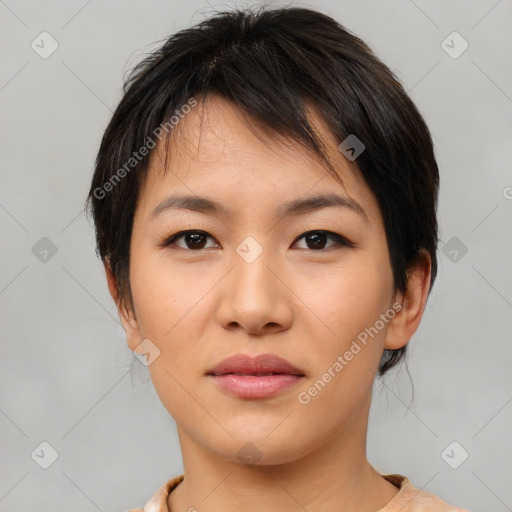 Neutral asian young-adult female with medium  brown hair and brown eyes