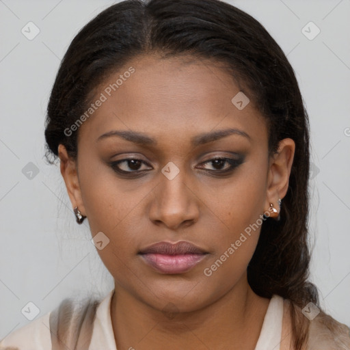 Neutral black young-adult female with medium  brown hair and brown eyes