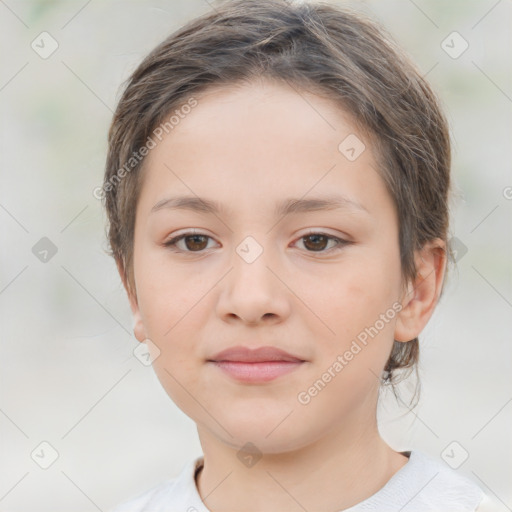 Joyful white child female with medium  brown hair and brown eyes