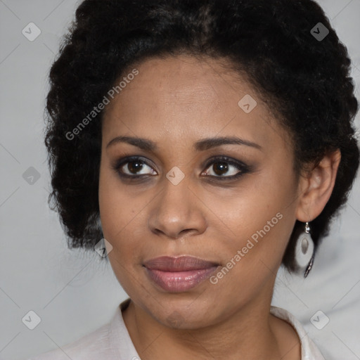 Joyful black young-adult female with medium  black hair and brown eyes