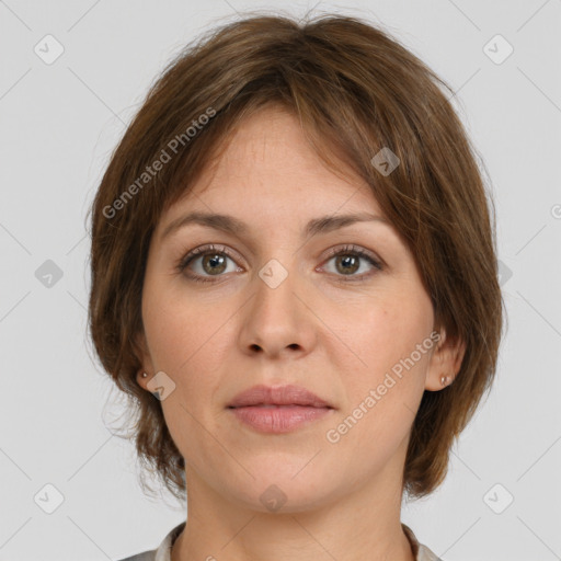 Neutral white young-adult female with medium  brown hair and grey eyes