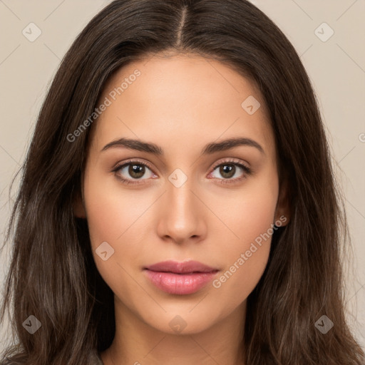 Neutral white young-adult female with long  brown hair and brown eyes