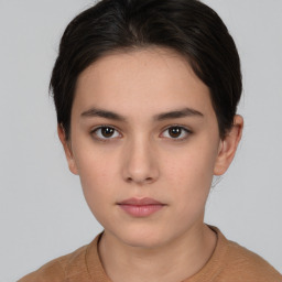 Neutral white young-adult female with short  brown hair and brown eyes