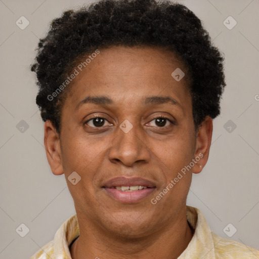 Joyful latino adult female with short  brown hair and brown eyes