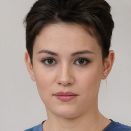 Neutral white young-adult female with short  brown hair and brown eyes