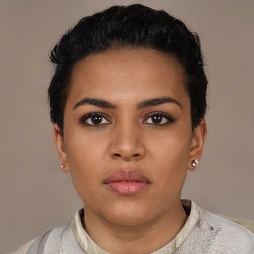 Neutral latino young-adult female with short  black hair and brown eyes