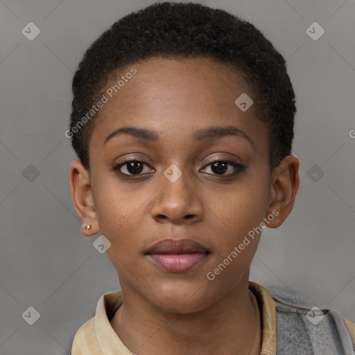 Neutral black young-adult female with short  brown hair and brown eyes