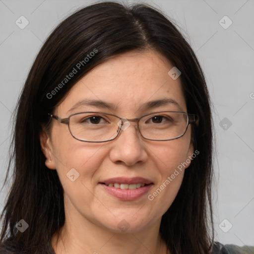 Joyful white adult female with medium  brown hair and grey eyes