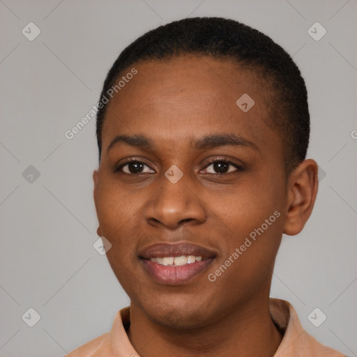 Joyful latino young-adult female with short  black hair and brown eyes