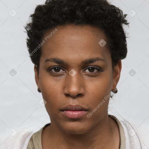 Neutral black young-adult female with short  brown hair and brown eyes