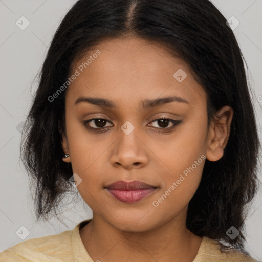 Joyful asian young-adult female with long  brown hair and brown eyes