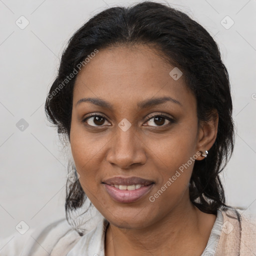 Joyful black young-adult female with medium  brown hair and brown eyes