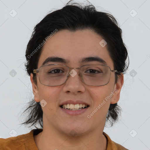 Joyful asian young-adult female with medium  brown hair and brown eyes