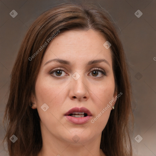 Joyful white young-adult female with long  brown hair and brown eyes