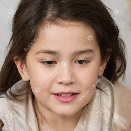 Joyful white child female with medium  brown hair and brown eyes