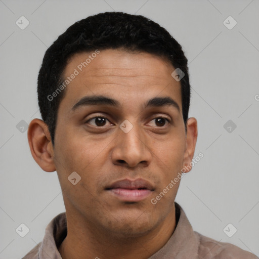 Neutral latino young-adult male with short  black hair and brown eyes