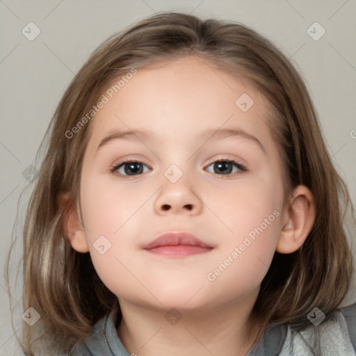 Neutral white child female with medium  brown hair and blue eyes