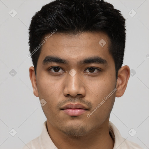 Neutral asian young-adult male with short  black hair and brown eyes