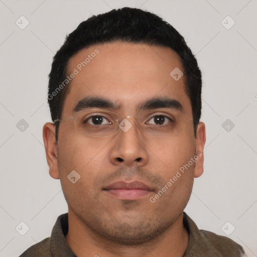 Neutral latino young-adult male with short  black hair and brown eyes