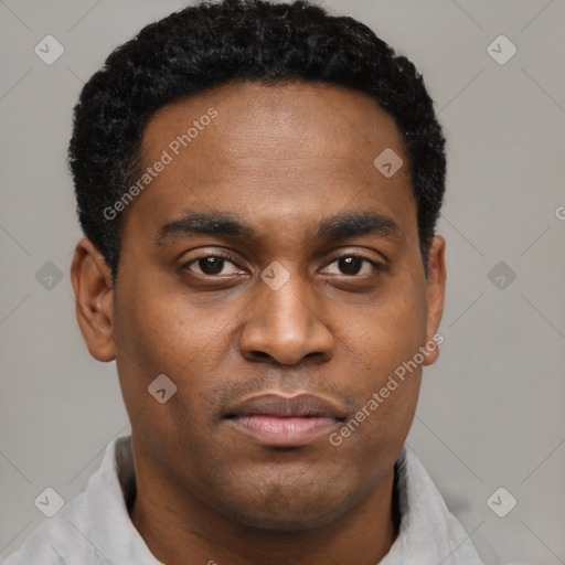 Joyful black young-adult male with short  brown hair and brown eyes