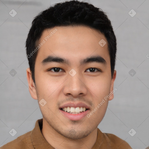 Joyful latino young-adult male with short  black hair and brown eyes