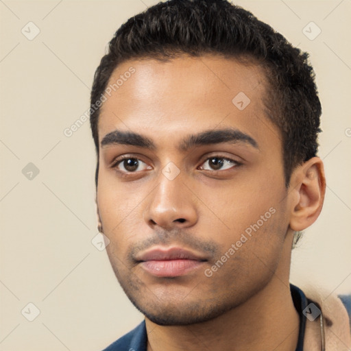 Neutral latino young-adult male with short  black hair and brown eyes