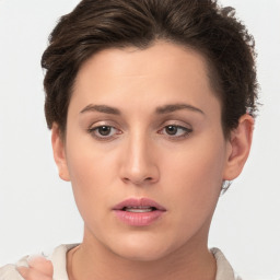 Neutral white young-adult female with short  brown hair and brown eyes