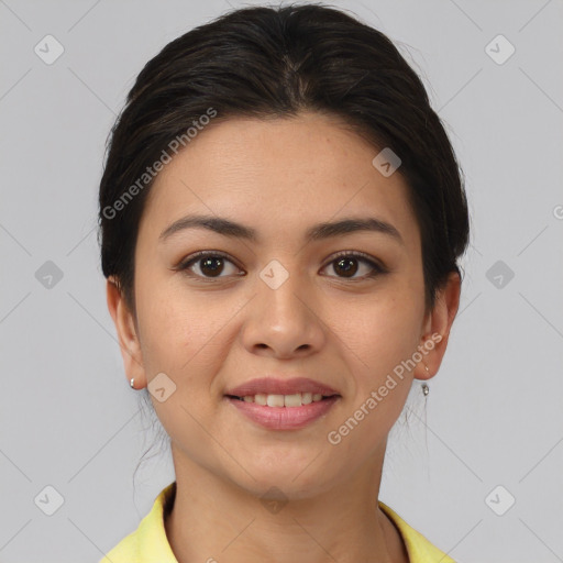 Joyful asian young-adult female with short  brown hair and brown eyes