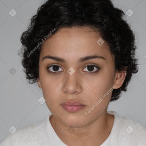 Neutral white young-adult female with short  brown hair and brown eyes