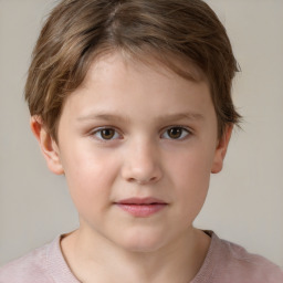 Joyful white child female with short  brown hair and brown eyes