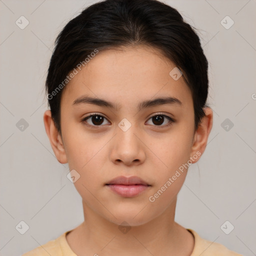 Neutral white young-adult female with short  brown hair and brown eyes