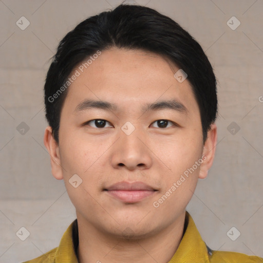 Neutral asian young-adult male with short  black hair and brown eyes