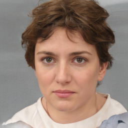 Neutral white young-adult female with short  brown hair and brown eyes