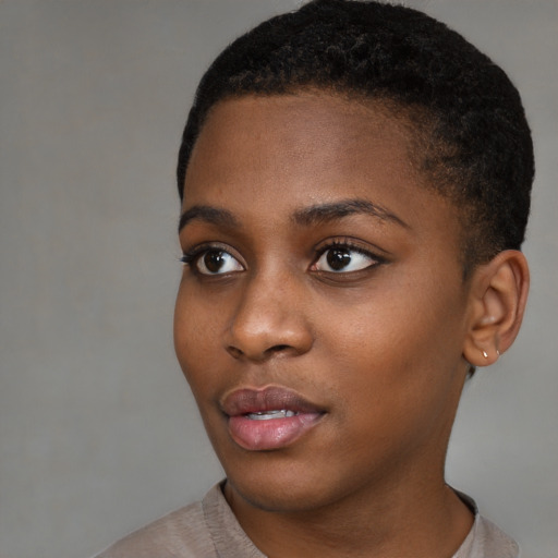 Neutral black young-adult female with short  brown hair and brown eyes