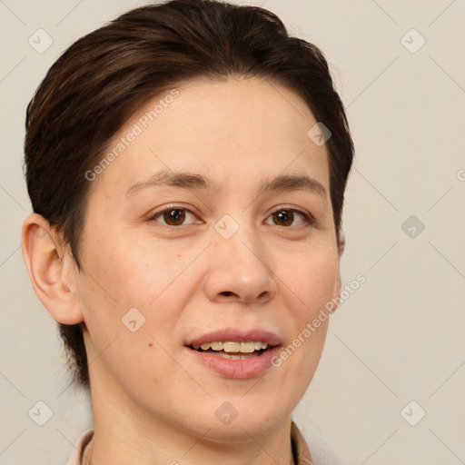 Joyful white adult female with short  brown hair and brown eyes