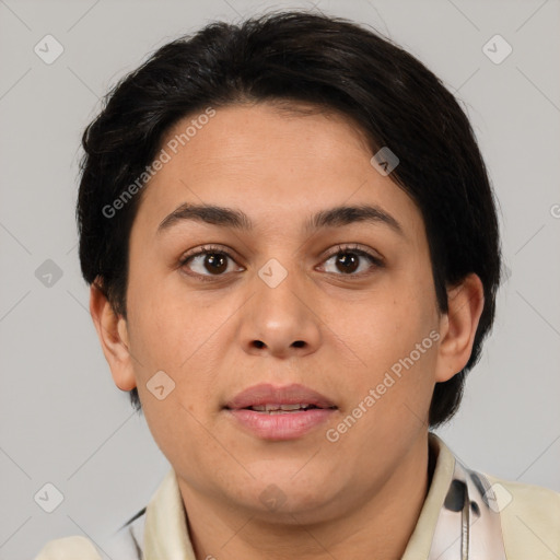 Joyful white young-adult female with medium  brown hair and brown eyes