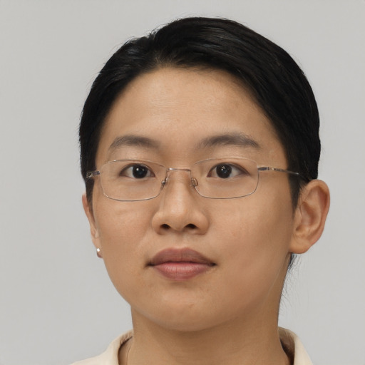Neutral asian young-adult female with short  black hair and brown eyes