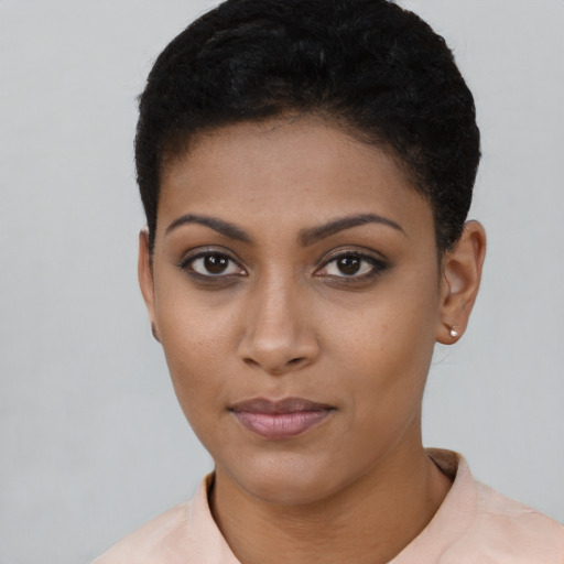 Neutral latino young-adult female with short  black hair and brown eyes