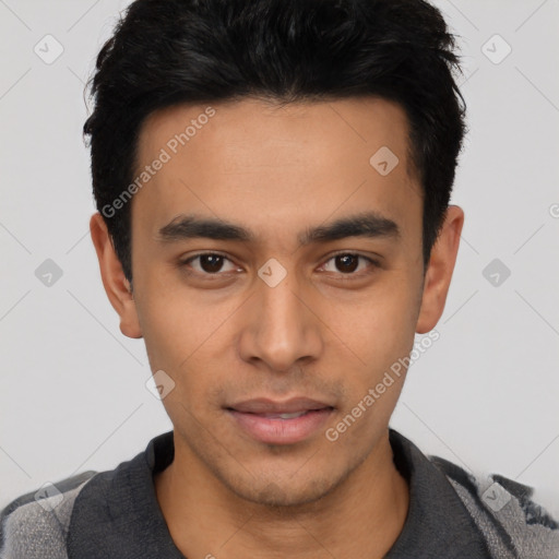 Neutral latino young-adult male with short  black hair and brown eyes