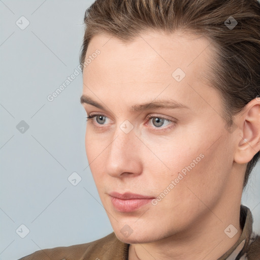 Neutral white young-adult male with short  brown hair and grey eyes