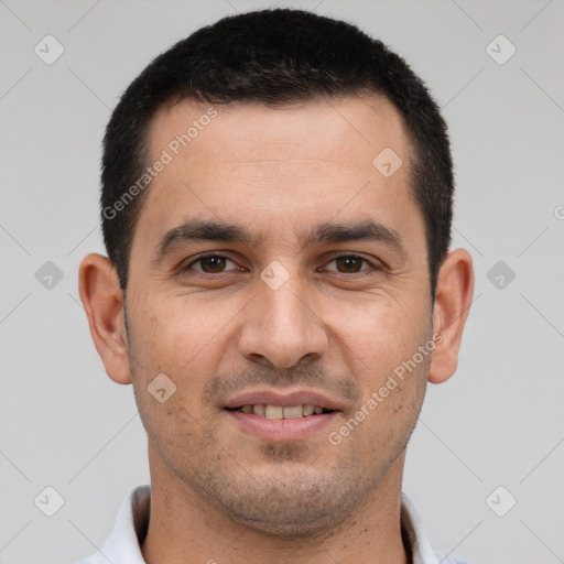 Joyful white young-adult male with short  brown hair and brown eyes