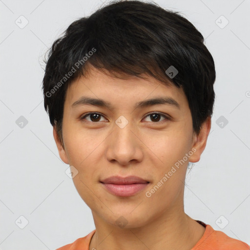 Joyful white young-adult female with short  black hair and brown eyes