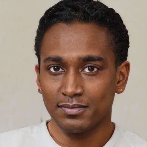 Neutral black young-adult male with short  black hair and brown eyes