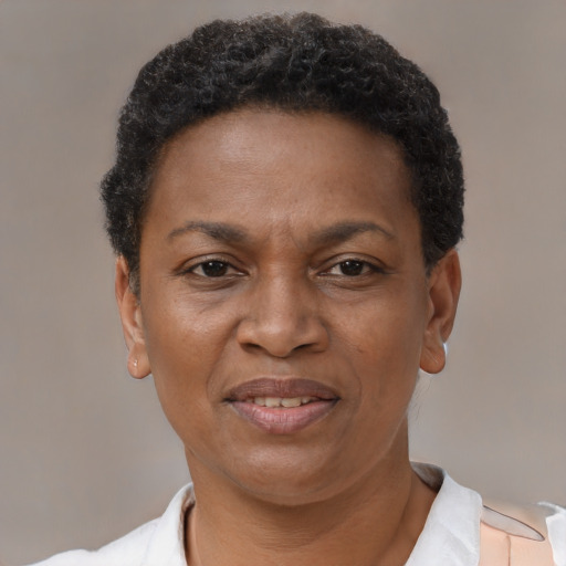 Joyful black adult female with short  brown hair and brown eyes