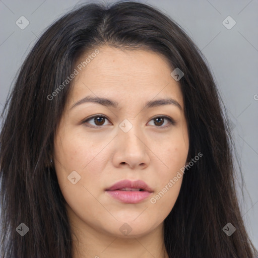 Joyful asian young-adult female with long  brown hair and brown eyes