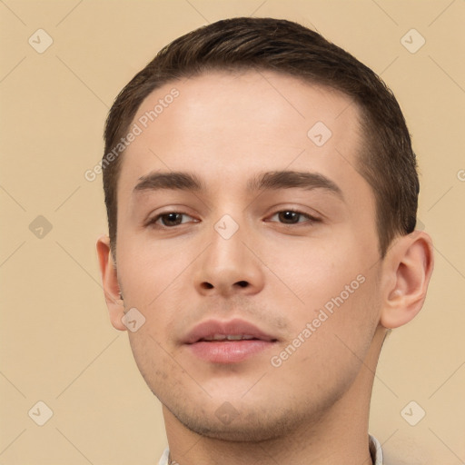 Neutral white young-adult male with short  brown hair and brown eyes