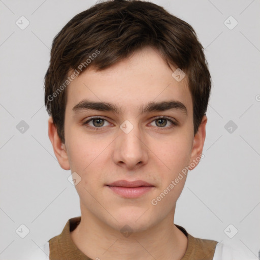 Neutral white young-adult male with short  brown hair and brown eyes