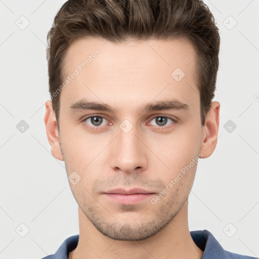 Neutral white young-adult male with short  brown hair and brown eyes