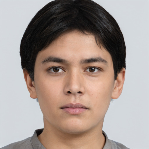 Neutral asian young-adult male with short  brown hair and brown eyes